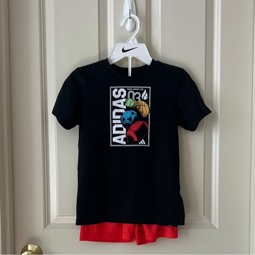 Adidas Kids Black Tee w/ Red Shorts Set